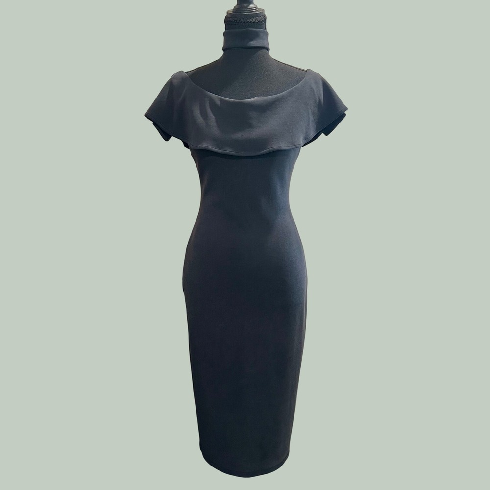 Velvet Rope Black Choker Neck Off Shoulder Ruffle Midi Bodycon Dress Made in USA